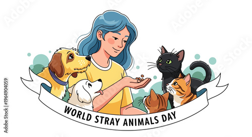 Illustration of a woman with blue hair feeding animals on World Stray Animals Day with a banner, promoting stray animals awareness and animal welfare concept in a colorful design.