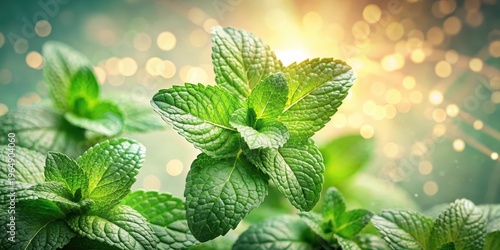Lush Green Mint Leaves Illuminated by Warm Golden Light, a Vibrant Display of Nature's Freshness and Vitality