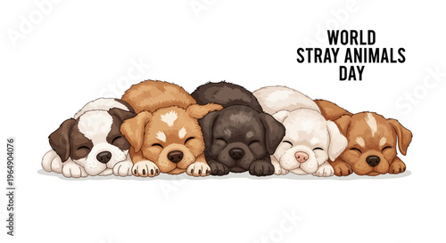 Vector illustration of adorable sleeping puppies in a row for World Stray Animals Day design with a white background.
