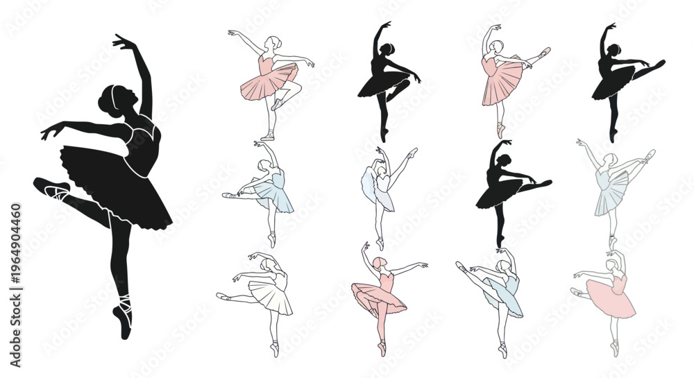 Fototapeta premium Ballet dancer silhouettes in various elegant poses, black and pastel colors