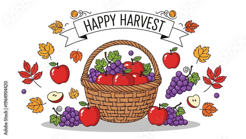 Wicker Basket Full of Fresh Fruits and Vegetables.
