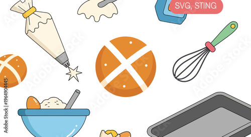 Baking Hot Cross Buns and Pastry Tools Flat Design