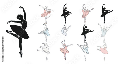 Ballet dancer silhouettes in various elegant poses, black and pastel colors