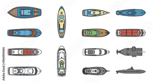 Collection of boats and submarines from a top-down aerial view