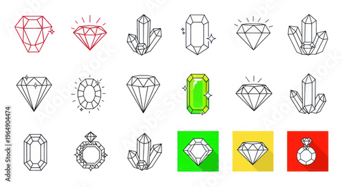 Collection of Geometric Diamond and Crystal Icons, Gemstone Symbols