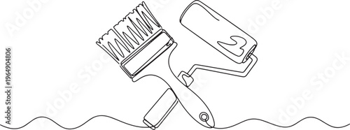 Paint brush and roller line art vector, home renovation and diy tools isolated.