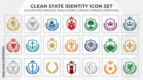 Clean State Identity Icon Set Heraldic Shields and Variations.