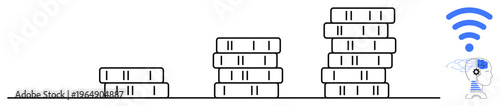 Digital connectivity, data expansion, cloud storage, technology progress, network infrastructure, internet access. Stacked servers increasing in height with a wireless signal and cloud character