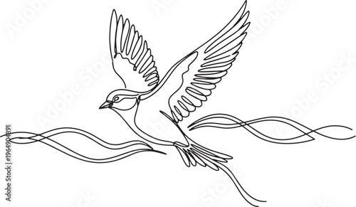 Flying bird line art vector, elegant sparrow or swallow in flight isolated