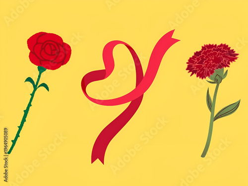 母の日や感謝を伝える花とリボンのイラスト