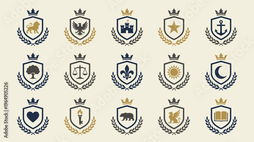 Collection of Heraldic Emblems with Crowns and Laurel Wreaths.