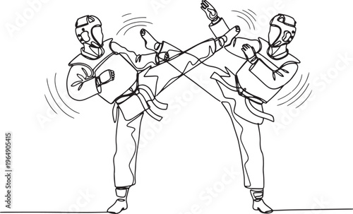 Taekwondo sparring match line art vector, martial artists kicking isolated