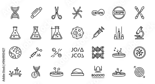 Minimal genetic engineering outline icon set with DNA gene editing and biotechnology symbols