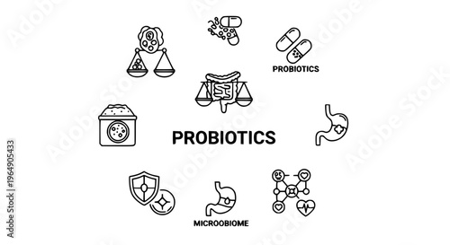 Modern probiotics and gut health outline icons collection with digestive balance symbols