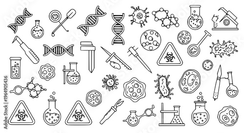 Detailed genetic engineering outline icon set with DNA research and bioengineering illustrations