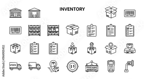 Minimal inventory outline icon set with warehouse storage and stock management symbols