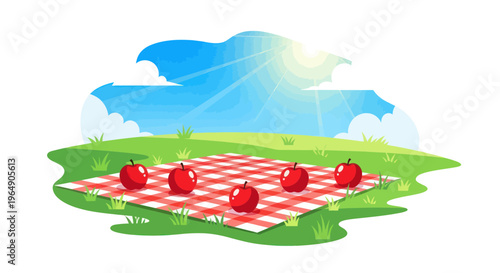 Picnic Blanket with Apples on Green Grass Under Sunny Sky