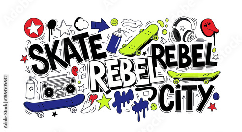 Skate Rebel City: Graffiti, Skateboards, Boombox, Graffiti Art, Urban Culture