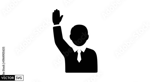 Silhouette of a person in a suit raising their hand, representing voting, participation, or asking a question.