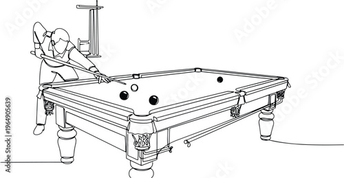 Billiards player aiming a cue stick at the pool table, line art vector isolated.