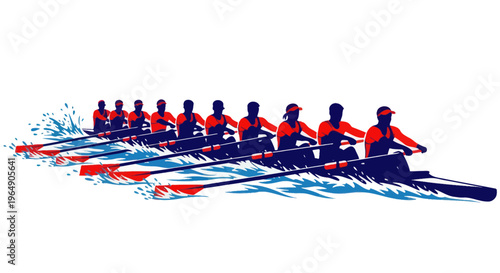 Team Rowing on Water - Eight Oarsmen in Silhouette, Action Sport