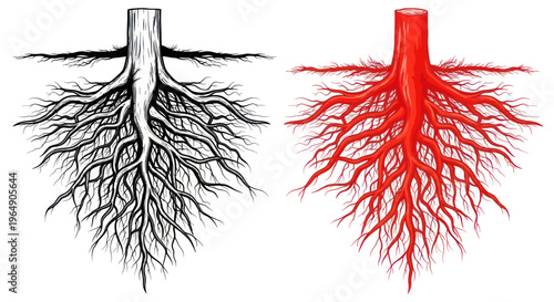 Tree Roots, Black and Red, Growth, Structure, Nature, Organic