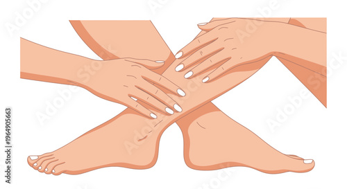 Woman's legs and hands with white nail polish, spa and beauty concept, isolated on white