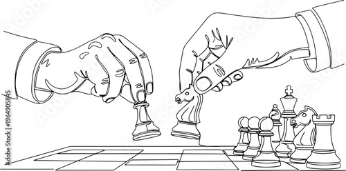Two hands playing chess on a board, strategic mental sport line art isolated