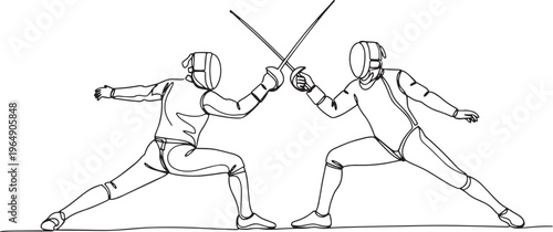 Fencing match line art vector, athletes in duel isolated