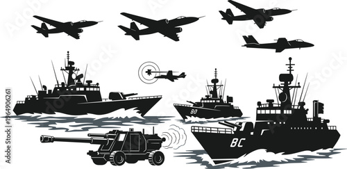 Military naval fleet silhouettes with warships fighter jets radar missile defense system modern army navy air force collection