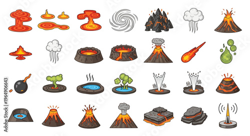 Collection of cartoon natural disaster and geological phenomenon icons.