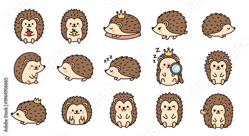 Collection of cute hedgehogs in various adorable poses and actions.