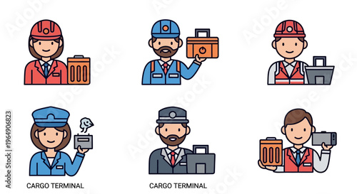 Set of flat icons representing cargo terminal workers and professionals.