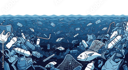 Ocean pollution with plastic trash and distressed fish swimming amongst debris