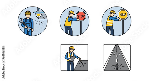 Set of icons illustrating construction, safety, and repair tasks.