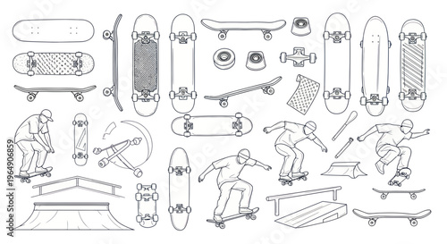 Skateboard Elements: Decks, Trucks, Wheels, and Skaters Performing Tricks