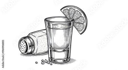 Tequila shot glass with salt shaker and lime slice, sketch style
