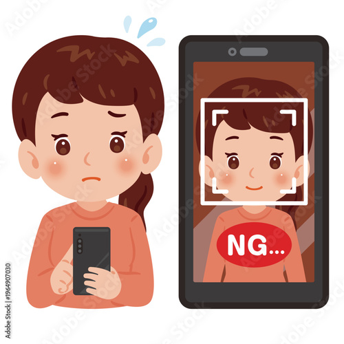 女性とスマートフォンのパスコード認証画面　NGイラスト／Woman Using Smartphone Passcode Authentication Screen, NG Illustration.