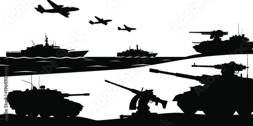 Military vehicle silhouettes set with tanks, warships, fighter jets, and combat helicopters for army defense and warfare concept illustration