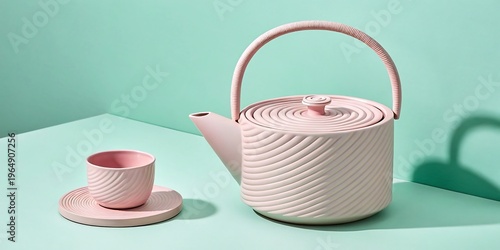 A pink tea set with a teapot and cup on a table