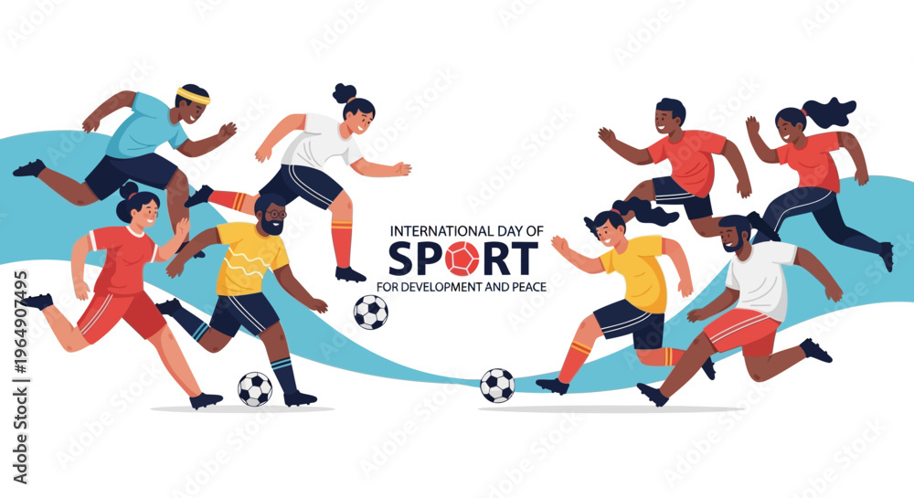 Fototapeta premium Illustration of diverse people playing sports on a blue wave background for International Day of Sport for Development and Peace.