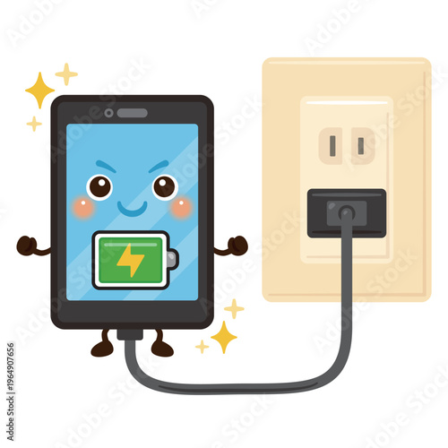 充電されるスマートフォンのキャラクターとコンセントのイラスト／Smartphone Character Being Charged with Power Plug Illustration