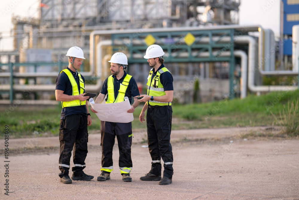 Fototapeta premium Engineers discussing blueprint and progress at industrial facility