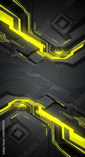 Striking futuristic interface display with luminous pathways and circuit design