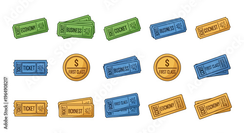 Set of various airline tickets and first class coins illustration