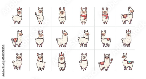 Collection of cute cartoon llamas with various accessories and expressions