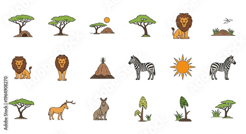 Set of African savanna animals and trees icons