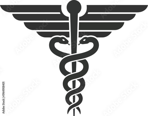Medical Caduceus Symbol Icon Black Vector Illustration Isolated on White Background for Healthcare Branding Design