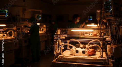 Newborn baby in incubator at hospital