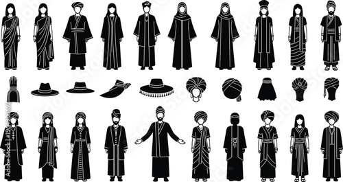 Muslim women clothing silhouettes set with traditional Islamic outfits, abaya, hijab, and cultural fashion styles isolated on white background